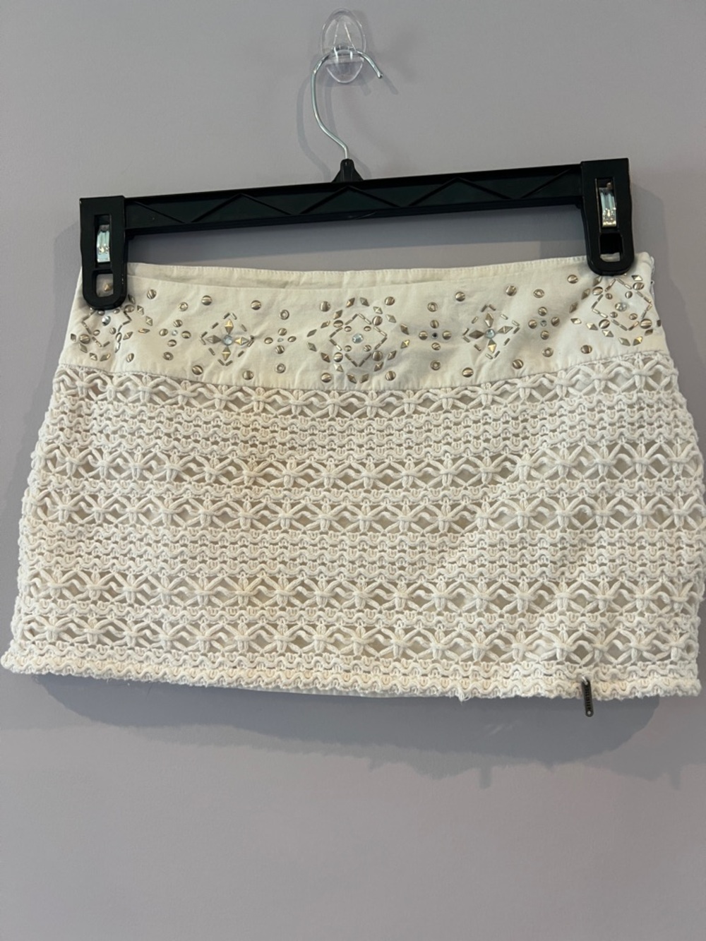 Hollister Cream Crochet Mini Skirt with Embellished Waist
